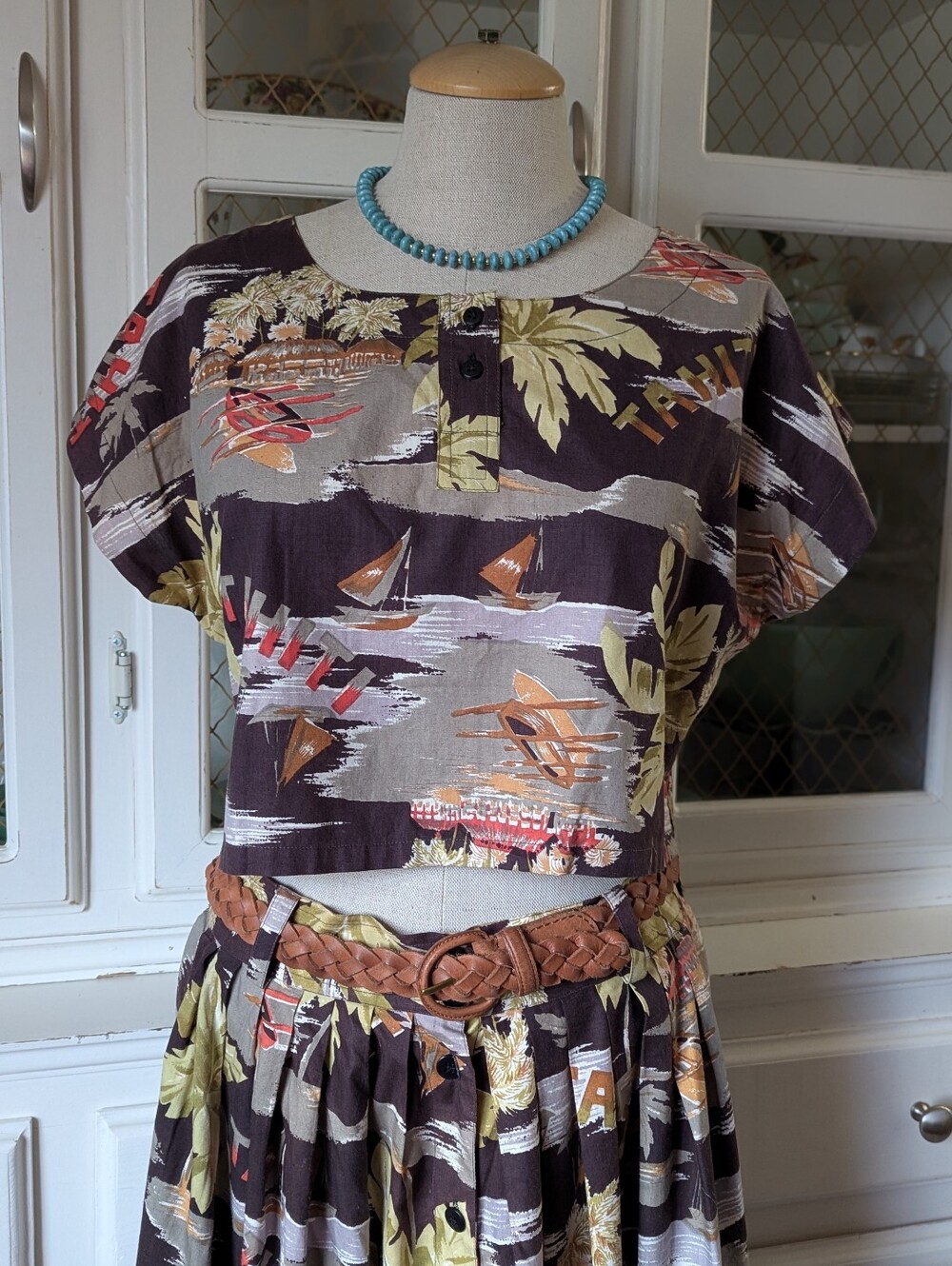 🌴VTG 70s / 80s Women's Summer Tropical Print 2pc Crop Top Skirt Resort Wear